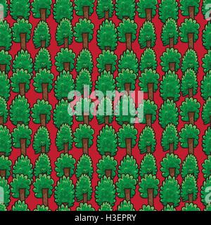 Deciduous trees seamless pattern on red background. Vector illustration. Stock Vector