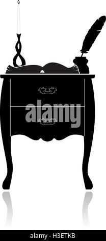 Vintage chest of drawers with candlestick, an open book and an inkwell Stock Vector