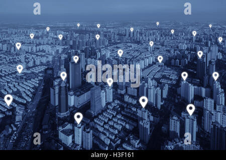 Map pin flat of network connection in city. Network connection concept. Stock Photo