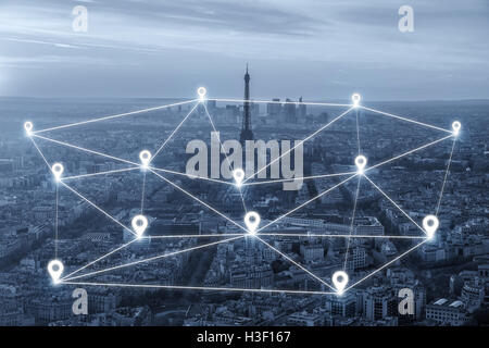 Map pin network connection flat above over Paris city. Network connection concept Stock Photo