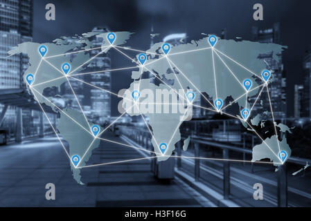 Map pin flat network above world map with network connection partnership line. Network connection partnership concept. Elements Stock Photo
