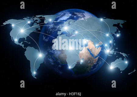 Network connection partnership and world map. Network connection technology concept (Elements of this image furnished by NASA). Stock Photo