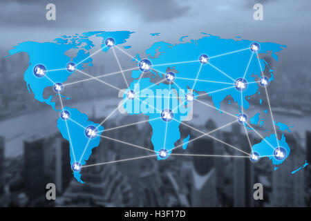 People network connection icons with World map connectionand blur city. Network work connections concept Stock Photo