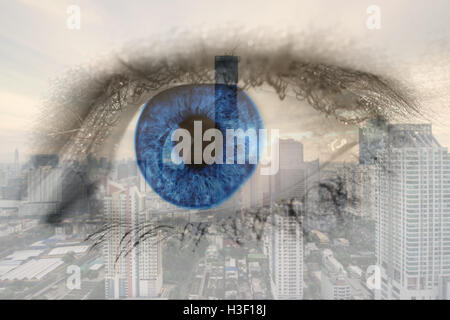 Double exposure image of human eye with business center district Bangkok city. Business future concept. Stock Photo