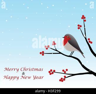 Christmas Greeting With Red Robin Sitting On Branch Vector Illustration Stock Vector