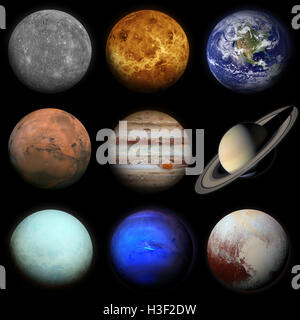 Solar system. Planets on black background. Sun, Mercury, Venus, Earth, Mars, Jupiter, Saturn, Uranus, Neptune, Pluto. Stock Photo