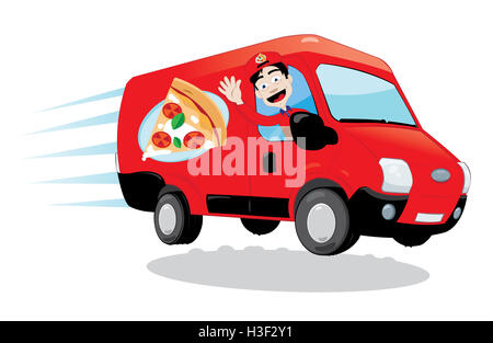 a vector cartoon representing a funny pizza delivery van driven by a friendly man cheering Stock Photo