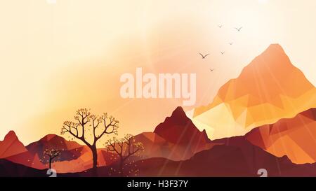 Geometric Mountain and Sunset Background - Vector Illustration Stock Vector