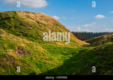 The ramparts of Caer Caradoc Iron Age Hill Fort near Chapel Lawn, Clun, Shropshire, England, UK Stock Photo