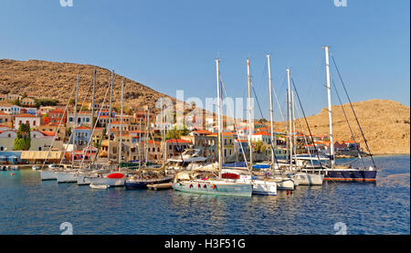 Yacht berths at Chalki town, Greek island of Chalki situated off the north coast of Rhodes, Dodecanese Island group, Greece.