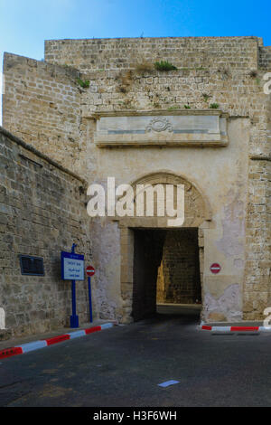 ACRE, ISRAEL - AUGUST 03, 2016: View from the outside of the land gate in the walls of the old city of Acre, Israel Stock Photo