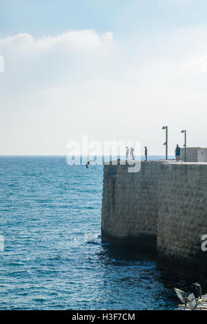 ACRE, ISRAEL - AUGUST 03, 2016: Young man jumps to the sea from the top of the ancient walls of Acre, Israel. Acre is one of the Stock Photo