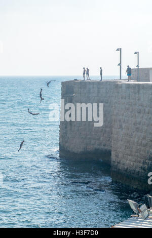 ACRE, ISRAEL - AUGUST 03, 2016: Young man jumps to the sea from the top of the ancient walls of Acre, Israel. A combination of m Stock Photo