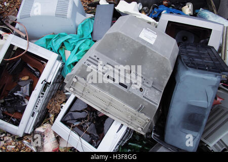 old abandoned broken Television sets Stock Photo