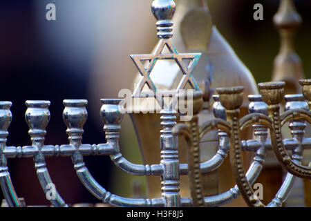 Close-Up of a Silvered Antique Jewish Star of David Candle Stick Holder at Hell's Kitchen Flea Market. Detail of Vintage Object Stock Photo