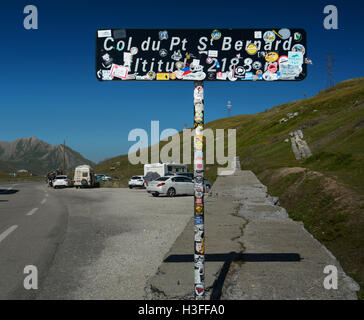 France, Italy, Col du Petit Saint Bernard pass (Little St Bernard, Piccolo San Bernardo ), summit sign with stickers