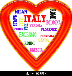 Italy in the Europe and Italy's cities as background , with form of the heart Stock Photo