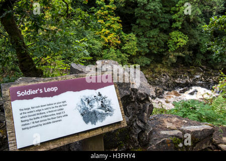 Information board at Soldier's Leap, historic spot along the River Garry at the Pass of Killiecrankie, Scotland, UK Stock Photo