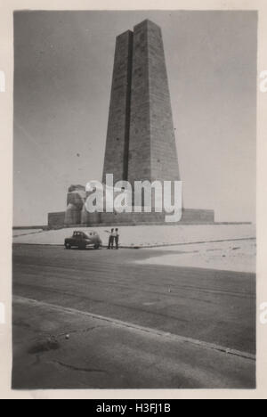 The Suez Canal Defence Monument at Gebel Maryam on the shore of Lake Timsah, Ismailia, Egypt photographed in 1952. The monument was constructed between 1926 and 1930 to commemorate the defence of the Suez Canal by the Western Allies during world war one from the threat of the Turkish Ottoman Army's attempts to seize control of the Suez Canal. Commissioned by the Universal Suez Ship Canal Company (Compagnie universelle du canal maritime de Suez) and designed by the French architect Michel Roux Spitz and Raymond Delamarre. Photographed in 1952 Stock Photo
