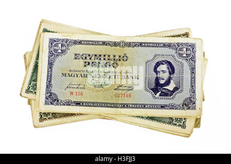 Old Hungarian one million pengo currency and others money isolated on white background Stock Photo