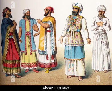 The figures illustrated here are five Hebrew figures from the ancient Middle East. They represent, from left to right: three Hebrews, a Hebrew high priest in full dress, a Hebrew high priest during the Feat of Expiation, a day of fasting and offering repentance for sin. The illustration dates to 1882. Stock Photo