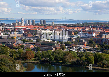 Aerial view of  Christianshavn ramparts, buildings and coast of west Amager, Saltholm, Peberholm and the Øresund Bridge. Stock Photo