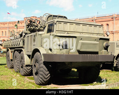 9T452 transporter-loader for 9K57 Uragan MLRS, ТЗМ 9Т452 РСЗО 9К57 Ураган, Artillery museum, Saint-Petersburg pic2 Stock Photo