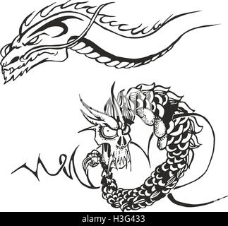 Set of two black and white sketches with powerful oriental japanese dragons for tribal tattoo stencils Stock Photo