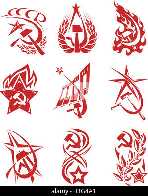 Set of red color soviet symbols with stars, flags and sickle and hammer Stock Photo