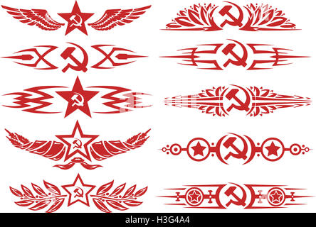 Set of red color soviet decorative typographic vignettes and tattoos with stars, sickle and hammer and other soviet symbols Stock Photo