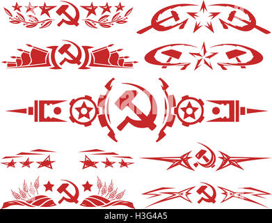Set of red color soviet decorative typographic vignettes and tattoos with stars, sickle and hammer and other soviet symbols Stock Photo