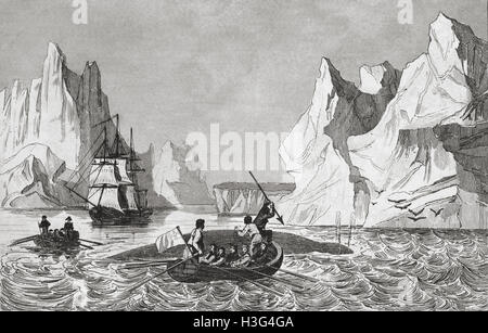 Whale hunting, fishing at Spitzberg, Spitzbergen, Svalbard, Norway. 19th century steel engraving by Boys sc. Stock Photo