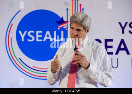 U.S. Secretary of State John Kerry delivers opening remarks at a Young Southeast Asian Leaders Initiative (YSEALI) Sea and Earth Advocate Camp on July 27, 2016, at the Sofitel Hotel in Manila, Philippines, before the Secretary and the group held a conversation about their mutual ocean preservation efforts. Stock Photo