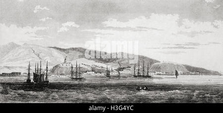 Roadstead at Valparaiso Bay , Chile (Chili). 19th century steel engraving. Stock Photo