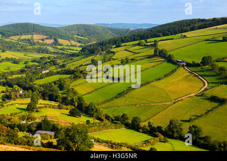 South Shropshire landscape seen from the summit of Caer Caradoc near Chapel Lawn, Clun, Shropshire, England, UK. Stock Photo