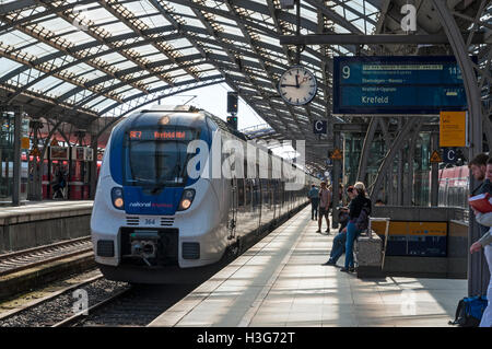 National Express train arriving at Cologne Main Station en route to Krefeld, NRW Germany. Stock Photo