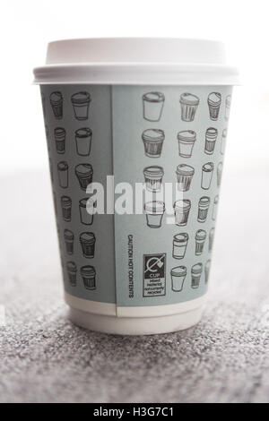 'mixed material not currently recycled' labelling on disposable paper takeaway coffee cup from Waitrose Stock Photo