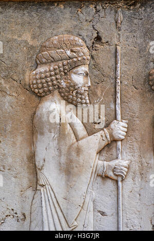 Iran, Fars Province, Persepolis, World Heritage of the UNESCO, staircases of Apadana, releif of the warriors Stock Photo