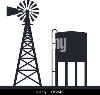 vector black and white background of rural windpump and water tank Stock Vector