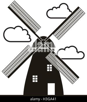 vector background of black and white windmill and clouds Stock Vector