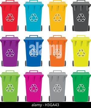 vector set of colorful flat recycling wheelie bin icons Stock Vector