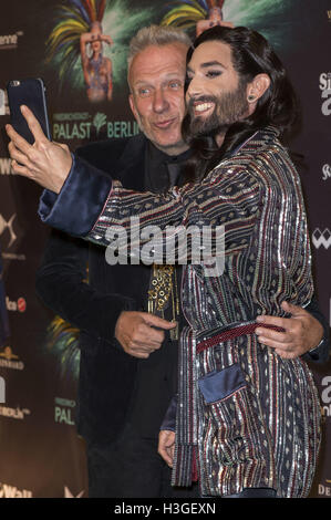 Berlin, Deutschland. 06th Oct, 2016. Jean Paul Gaultier and Conchita Wurst at the Premiere of 'The One Grand Show' at the Friedrichstadt-Palast. Berlin, Germany. October 6, 2016./picture alliance © dpa/Alamy Live News Stock Photo