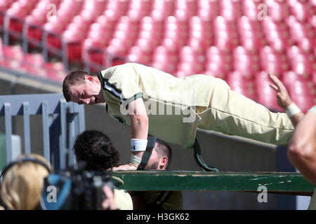 City, Florida, USA. 8th Oct, 2016. OCTAVIO JONES | Times .A South Florida Bulls cheerleader counts pushups to matching the points scored by the team at Raymond James Stadium in Tampa, Florida on Saturday, October 8, 2016. USF defeated East Carolina 38 to 22. © Octavio Jones/Tampa Bay Times/ZUMA Wire/Alamy Live News Stock Photo