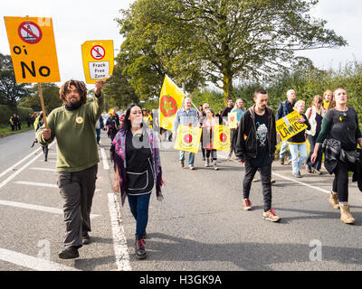 Preston, Lancashire, UK. 8th October, 2016. Anti-fracking protestors gather for a rally to express their concern over plans to frack land on Preston New Road despite local authorities rejecting the proposal. Credit:  Jason Smalley Photography/Alamy Live News Stock Photo