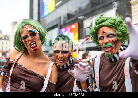London, UK. 8th Oct, 2016. People dressed as zombies participate in World Zombie Day in London to raise money for St Mungo's Homeless charity Credit:  Carol Moir/Alamy Live News Stock Photo