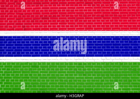 Gambian national official flag. African patriotic symbol, banner, element, background. Flag of the Gambia on brick wall texture Stock Photo