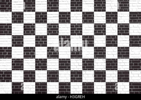 Checkered racing flag. Symbolic design of end of car race. Black and white background. Checkered flag on brick wall texture Stock Photo