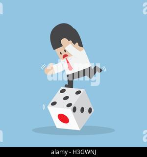 Businessman standing on unstable dice, business risk and luck concept Stock Vector