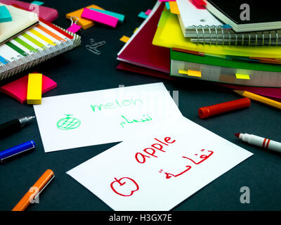 Learning New Language Making Original Flash Cards; Arabic Stock Photo