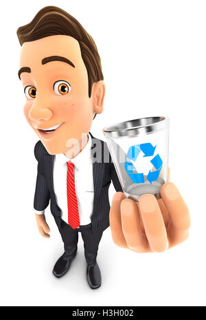 3d businessman holding trash can icon, illustration with isolated white background Stock Photo